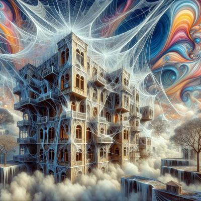 The primary subject of the image is a large, spooky building with a web-like structure. The building is surrounded by a cloudy sky, giving it a mysterious and eerie appearance. The setting appears to be a fantasy world, with the building being the main focus of the scene. The visual style of the image is digital art, as it is a detailed and intricate illustration. The dominant colors in the image are shades of gray, black, and white, creating a moody and mysterious atmosphere.